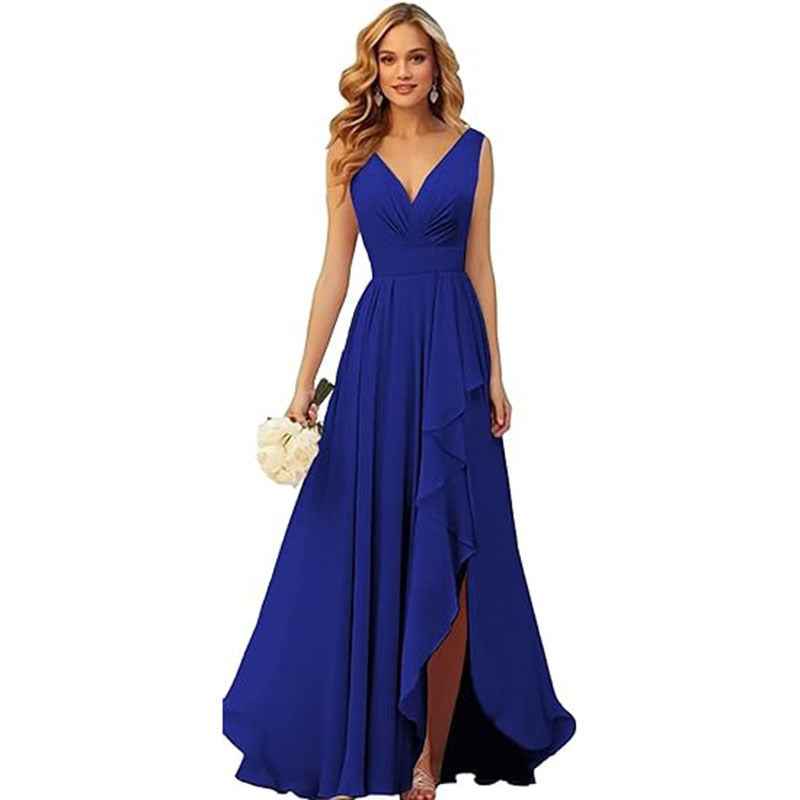 V-neck Pleated Slit Chiffon Dress With Tie Straps