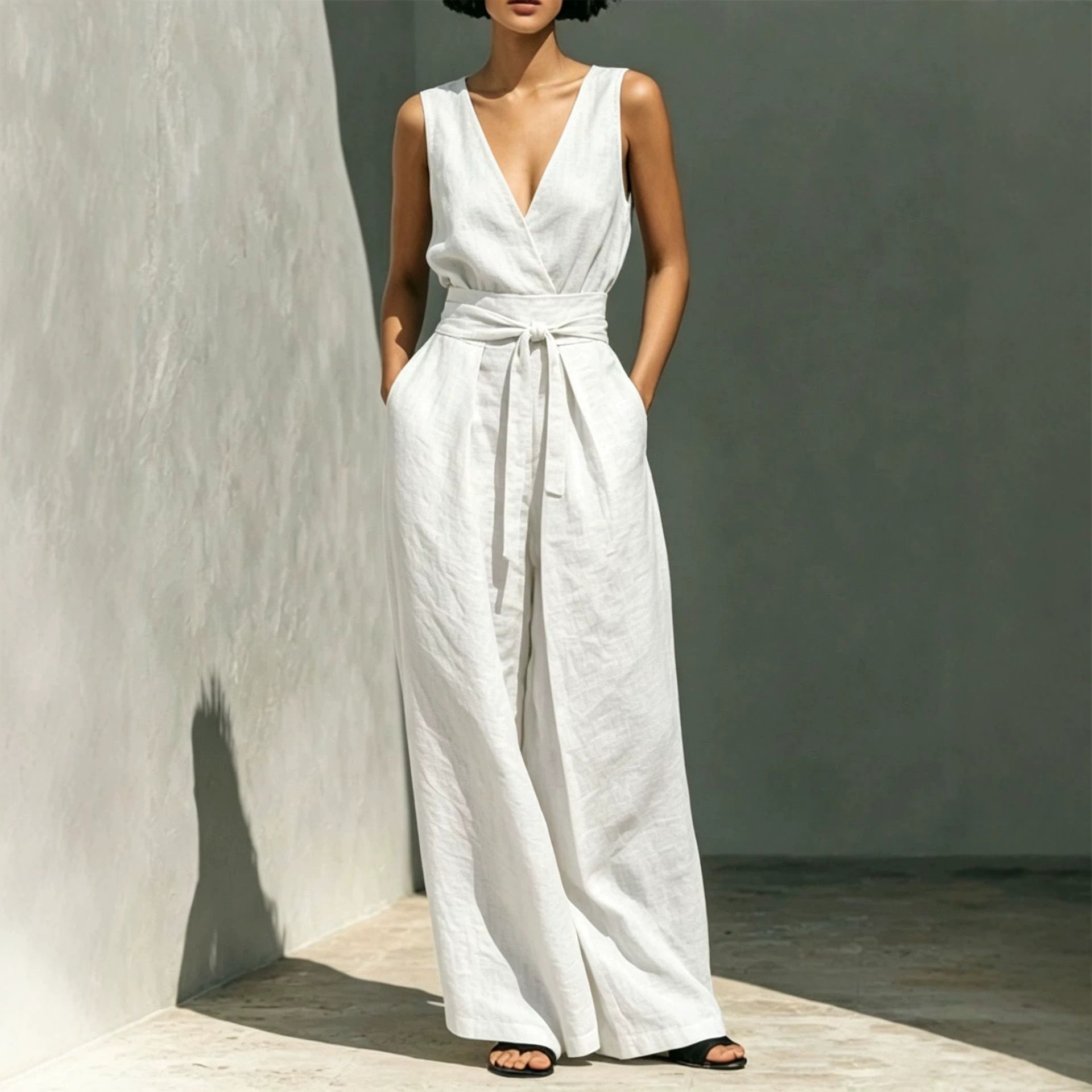 Solid Colour Sleeveless Vest & High-Waist Wide-Leg Pants Set