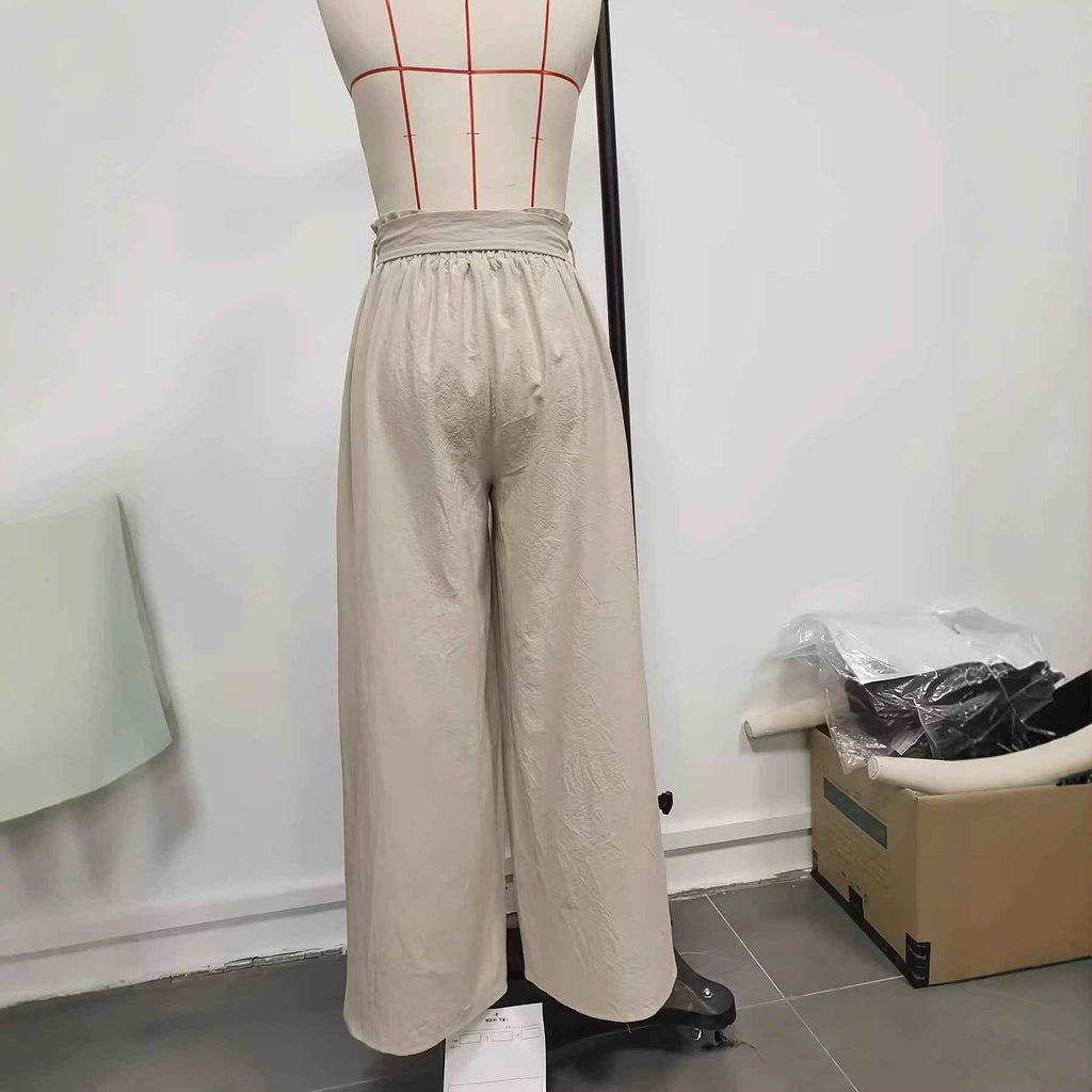 Asymmetric High-Waist Wide-Leg Linen-Look Pants