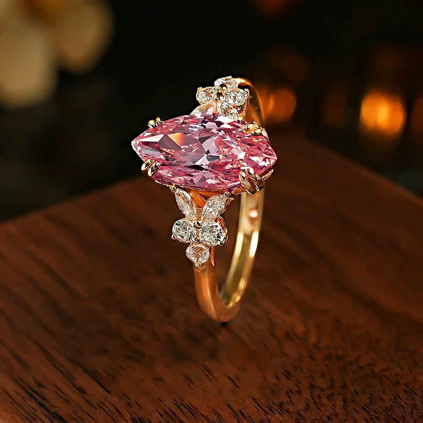 Elegant Padparadscha Sakura Hue Marquise Ring, Ice Flower Cut High Carbon CZ Open Adjustable Wedding Band For Ladies