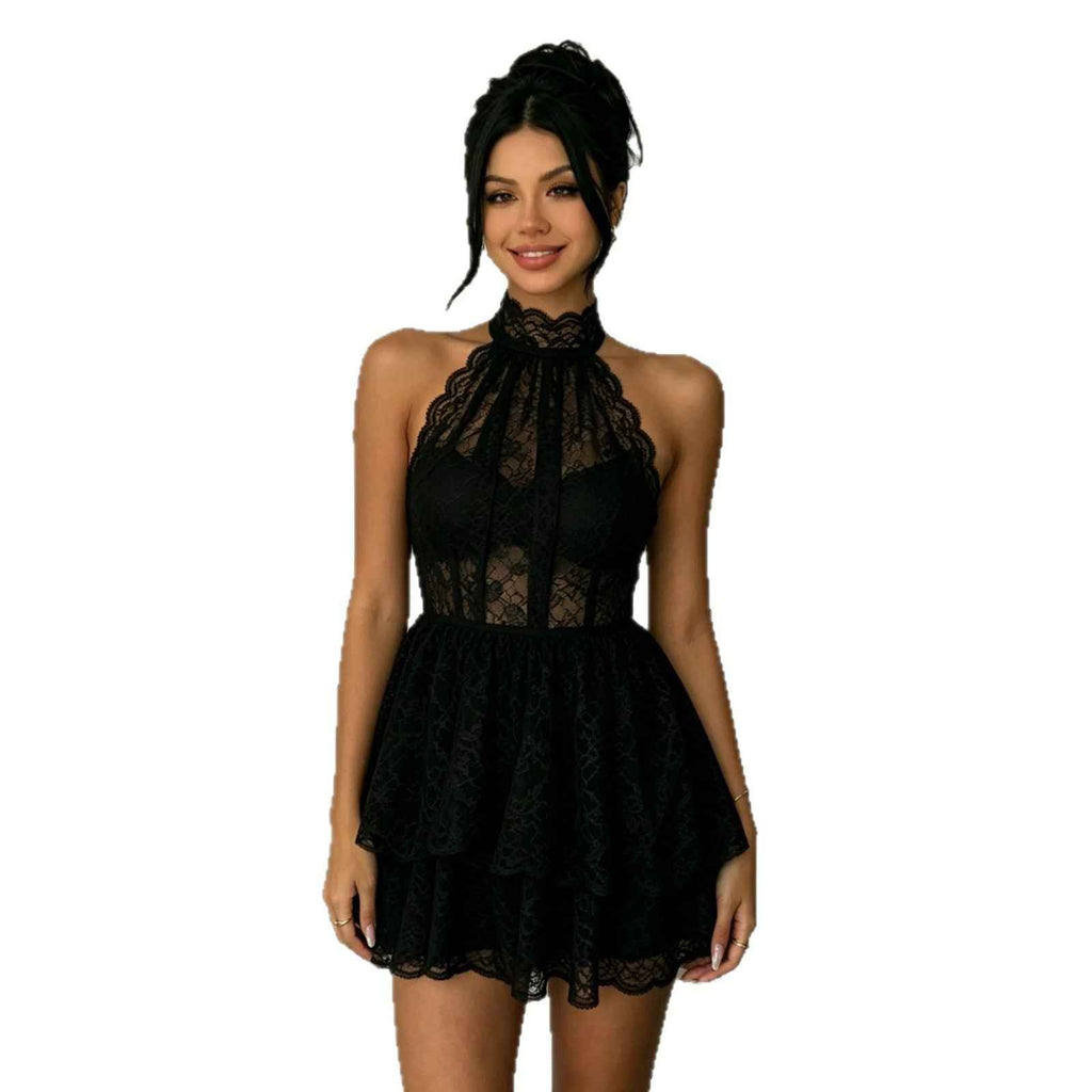 Lace Backless Halter Mini Dress — Black & White