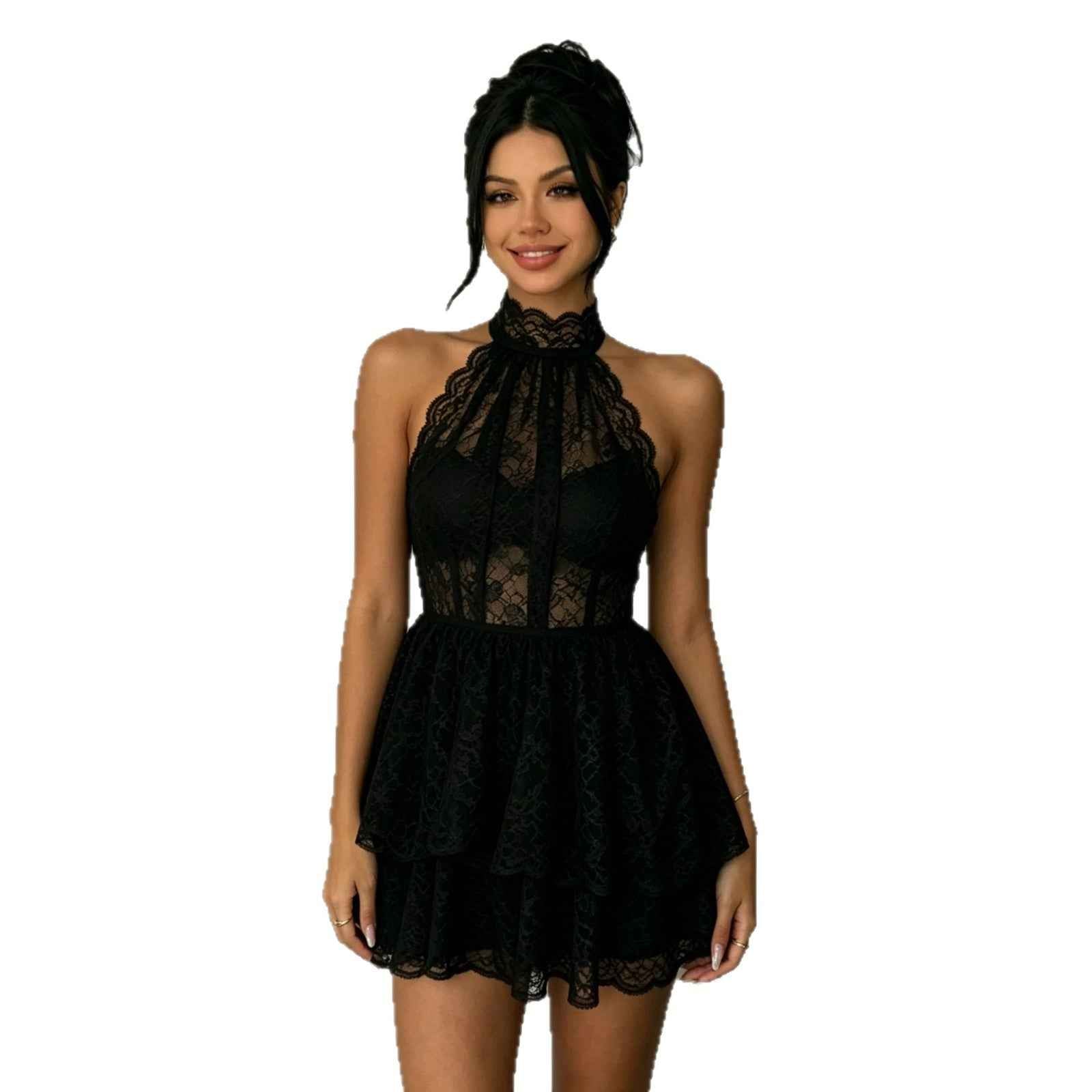 Lace Backless Halter Mini Dress — Black & White