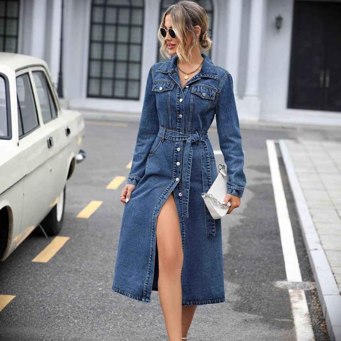 Elegant And Sophisticated Womens Shirt-collar A-line Dress With A Flared Skirt