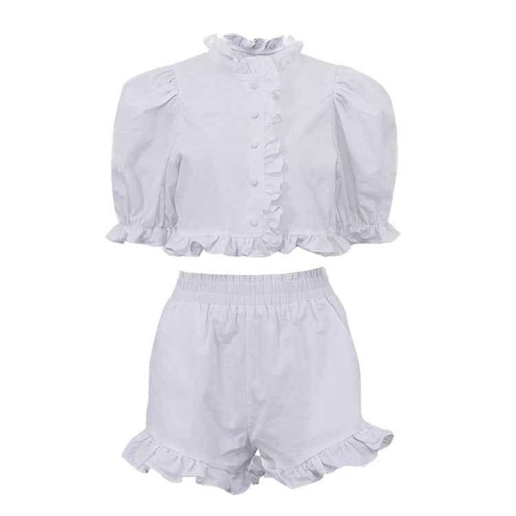 White Ruffled Linen-Blend Two-Piece Co-ord Set