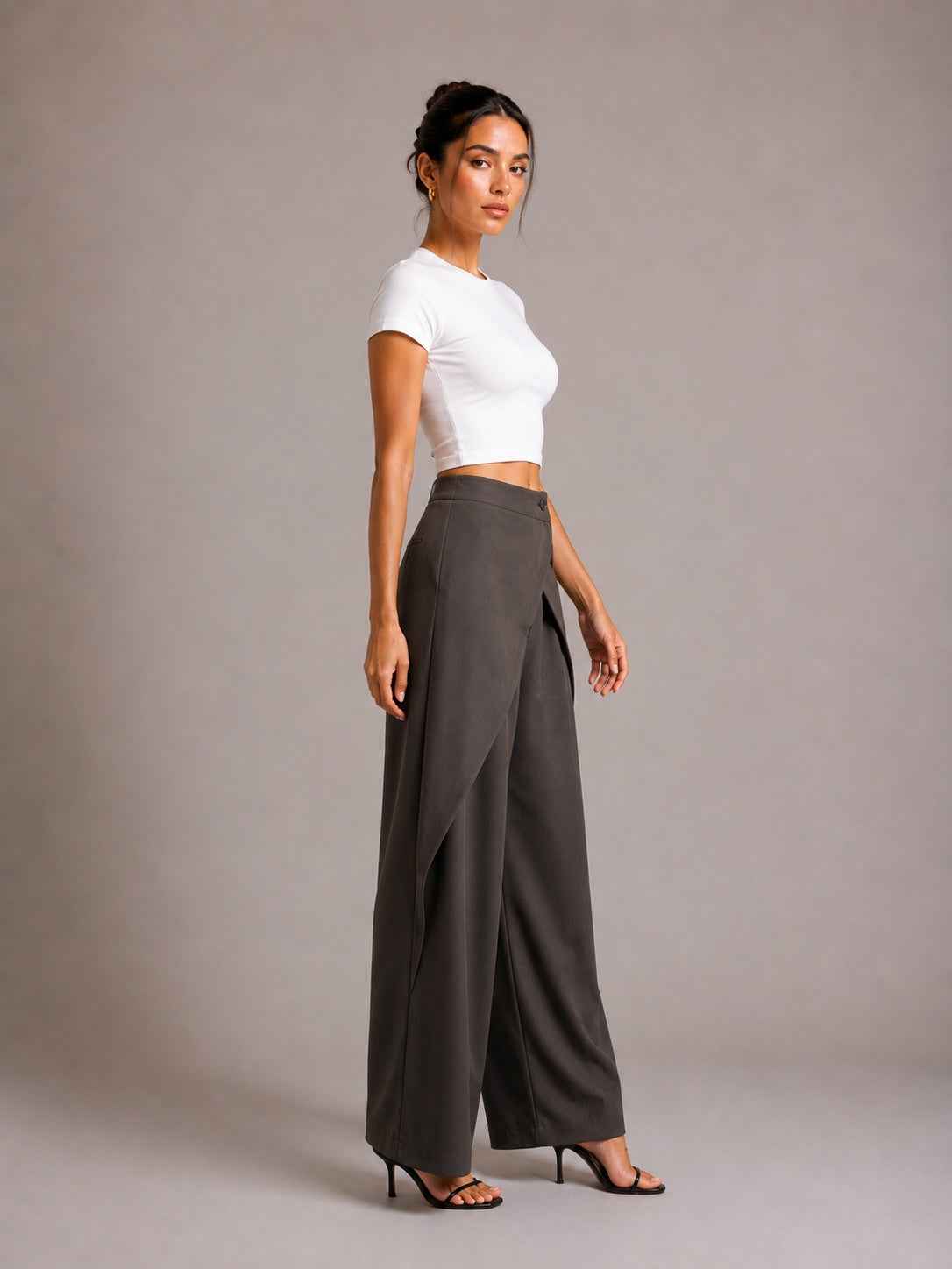 Asymmetric Cross Over Fold Waist Deconstructed Wide Leg Tailored Pants