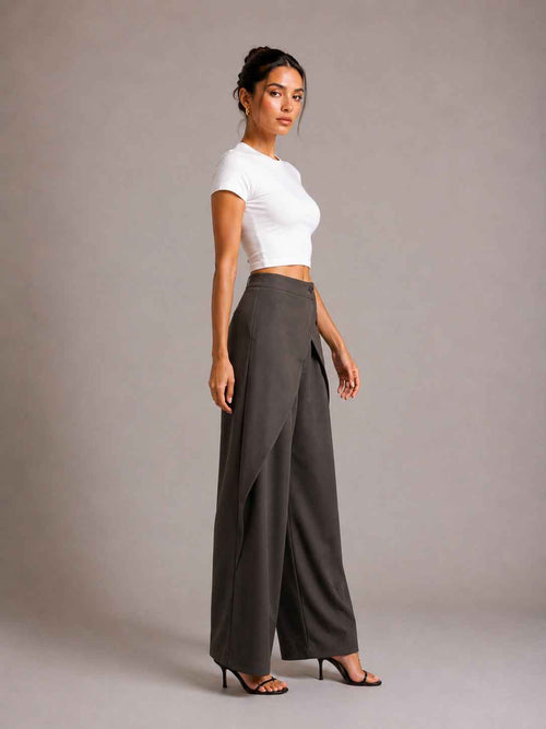 Asymmetric Cross Over Fold Waist Deconstructed Wide Leg Tailored Pants