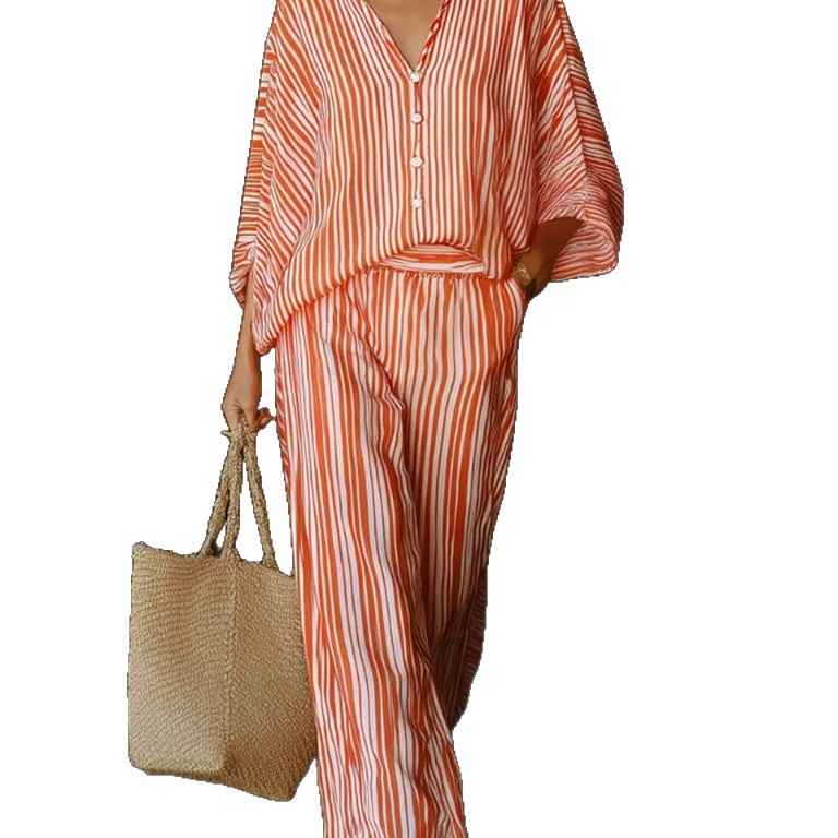 V-Neck Buttoned Cardigan & Full-Length Pants Set — Striped Two-Piece