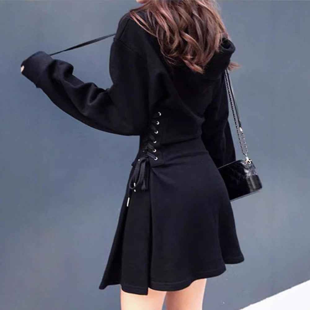 Hooded Sweatshirt Mini Dress with Lace-Up Waist Detail