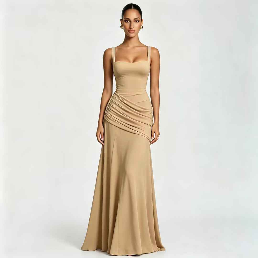 Square Neck Ruched Waist Sleeveless Maxi Evening Dress