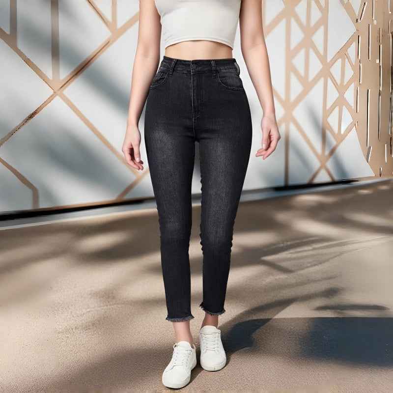 Women's High-Waisted Black Skinny Jeans – Frayed Hem