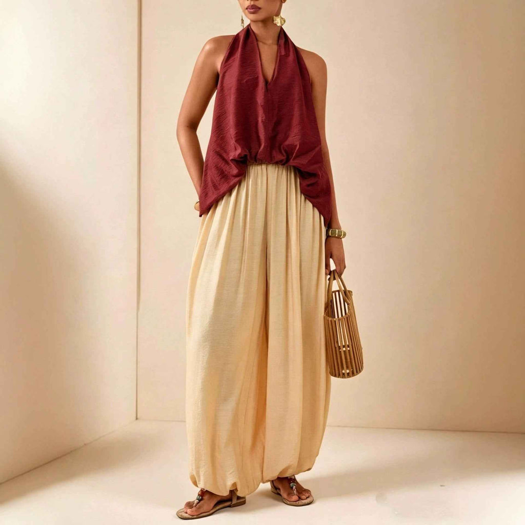 Halter-Neck Vest & Lantern Pants Two-Piece Set — Chic & Relaxed