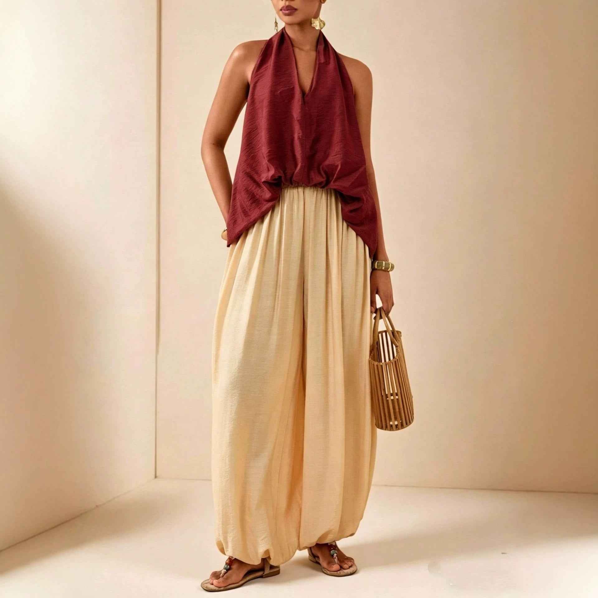 Halter-Neck Vest & Lantern Pants Two-Piece Set — Chic & Relaxed