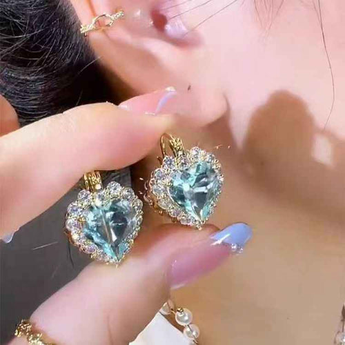 New Super Sparkly Blue Heart Zircon Earrings, Ocean Heart Double Sided Design, Light Luxury High-End Women's Fashion Ear Jewelry