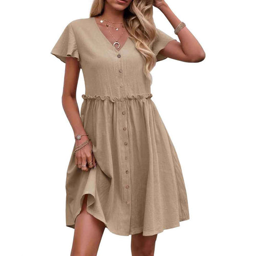 Boho Floral V-Neck Dress with Petal Sleeves & Ruffled Hem