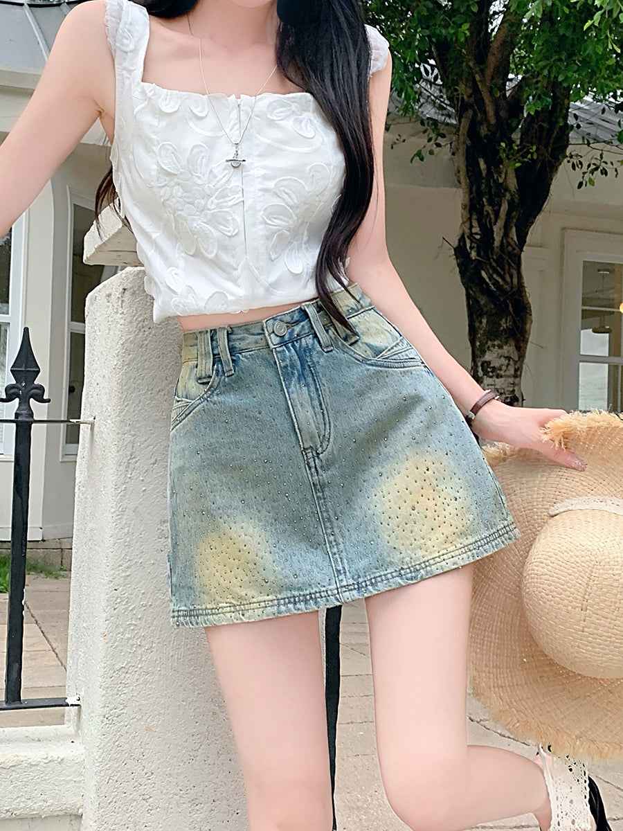 High-Waisted Rhinestone Denim Skort – Sparkly A-Line Mini with Built-in Shorts