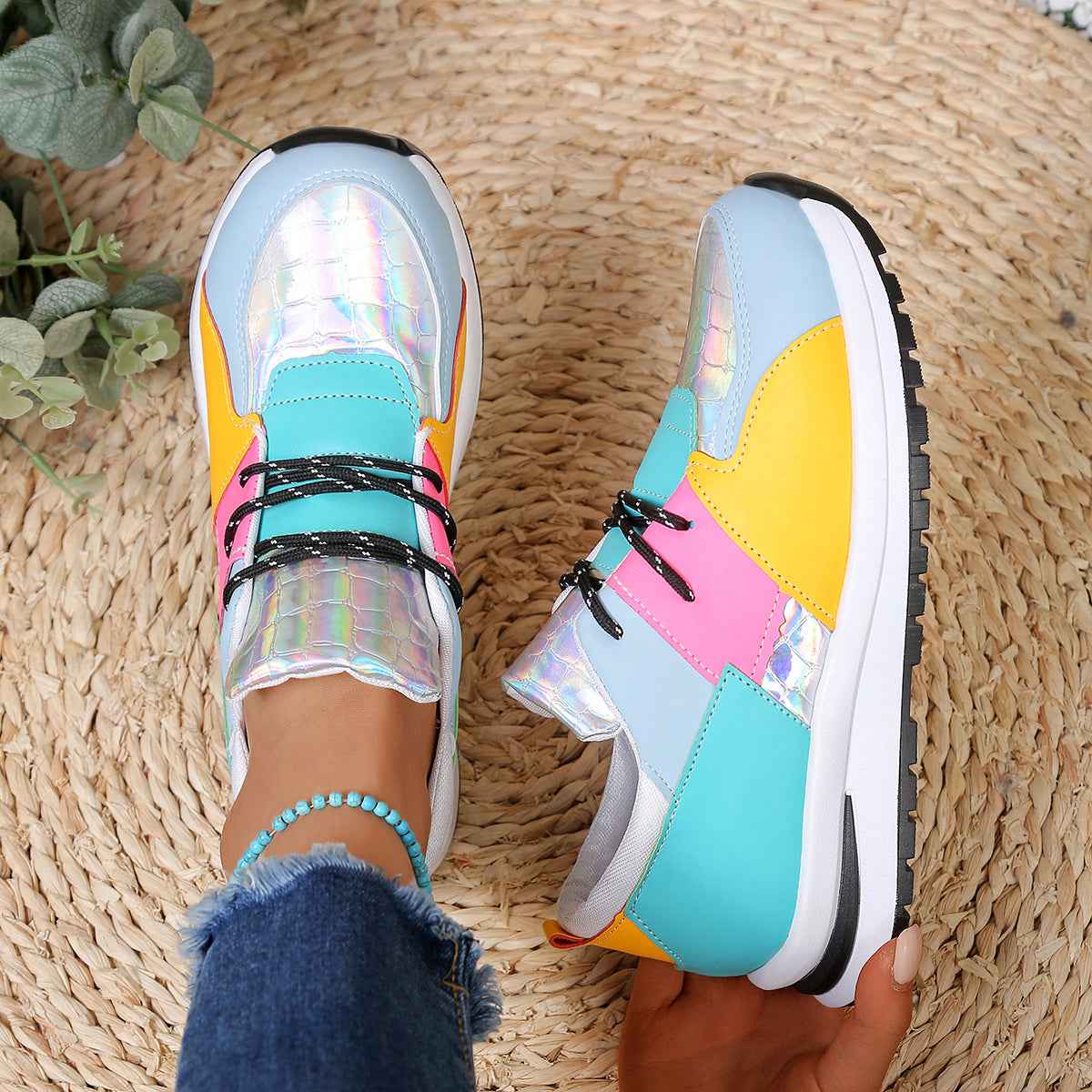 Women's High-Top Platform Sneakers – Leather Color Block & Leopard Print