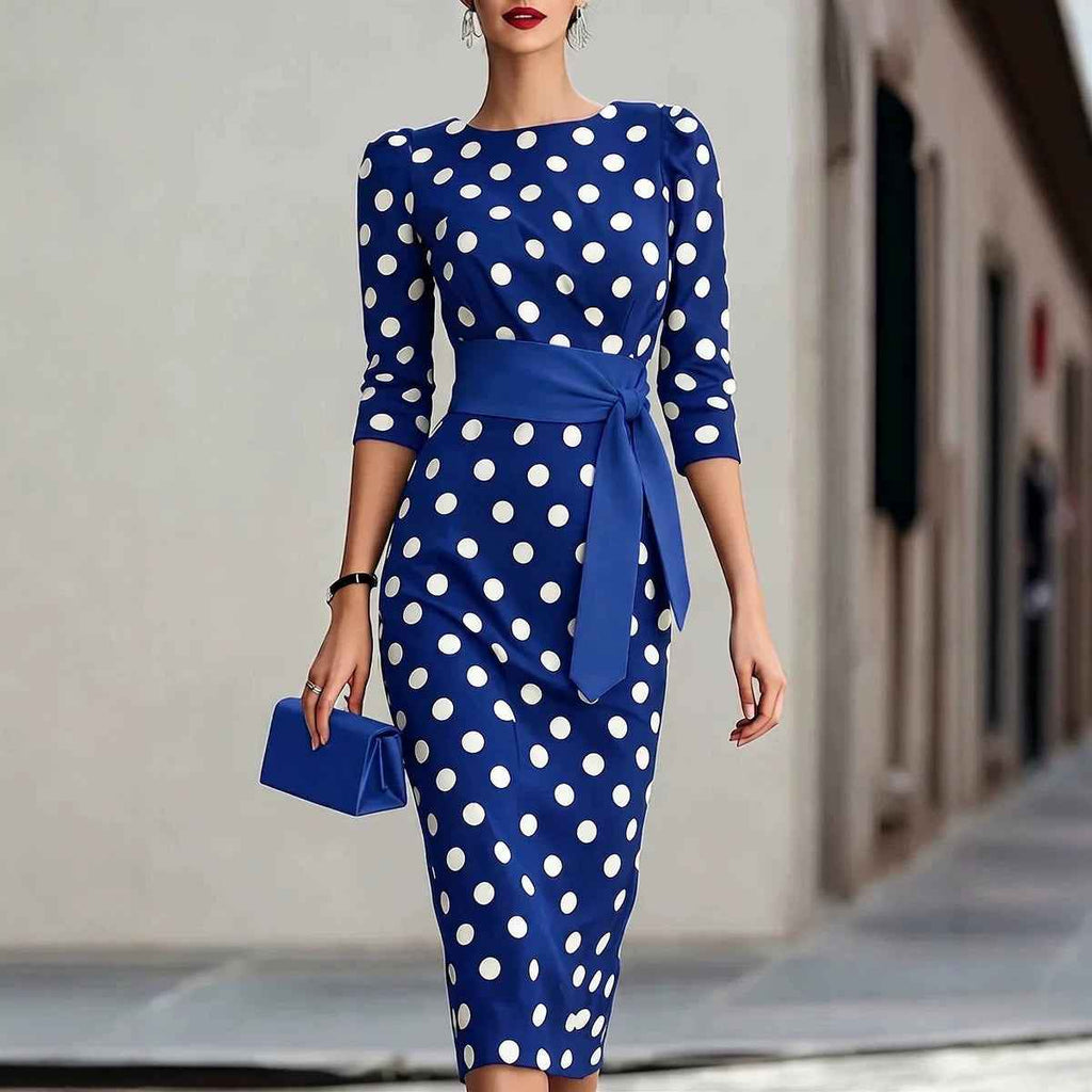 Polka Dot Cross-Tie Knit Bodycon Midi Dress