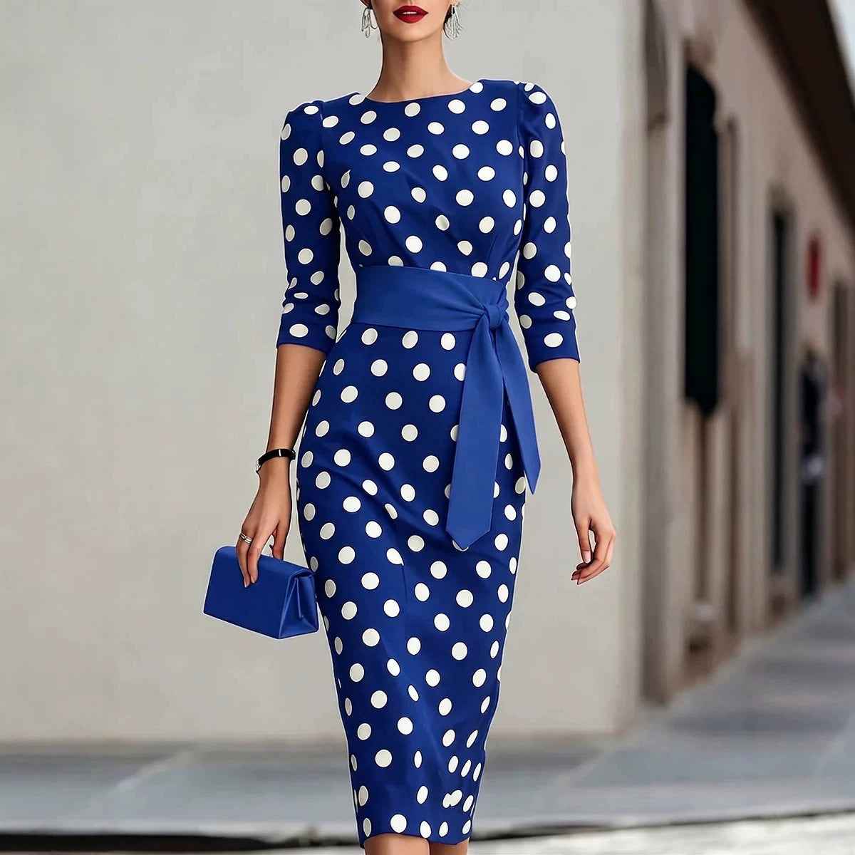 Polka Dot Cross-Tie Knit Bodycon Midi Dress