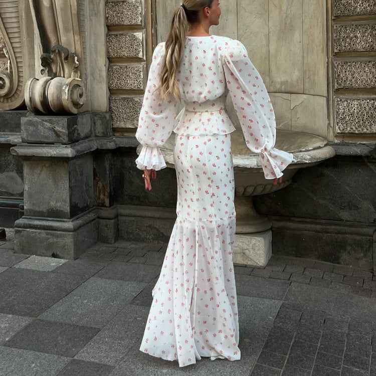 White Floral Print Peplum Top & Mermaid Maxi Skirt Set