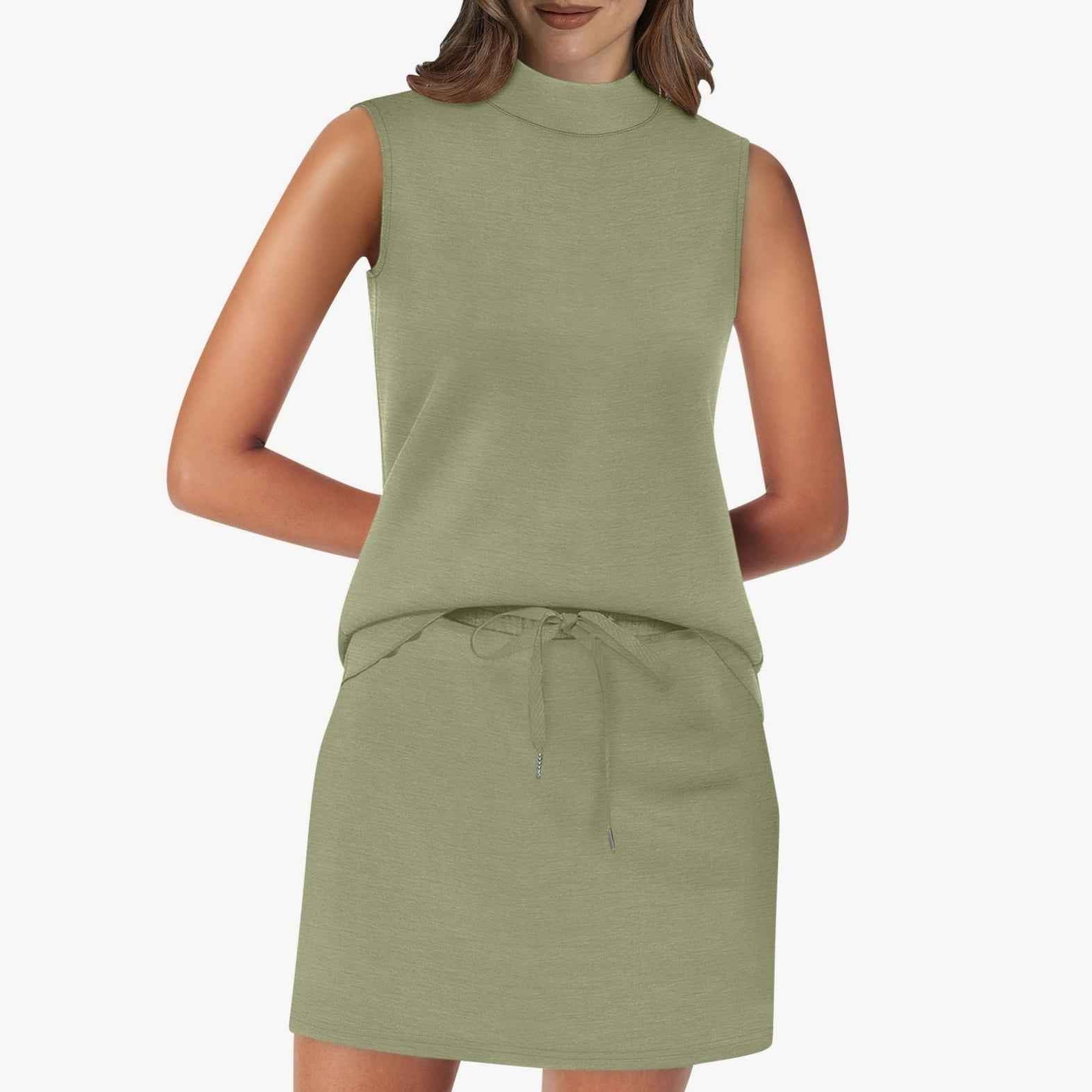 Sleeveless Stand-Neck Top And Short Skirt Two-Piece Set For Summer Beach Vacations