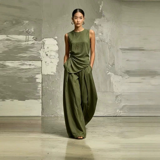 Sleeveless Loose Top & High-Waist Wide-Leg Pants Set