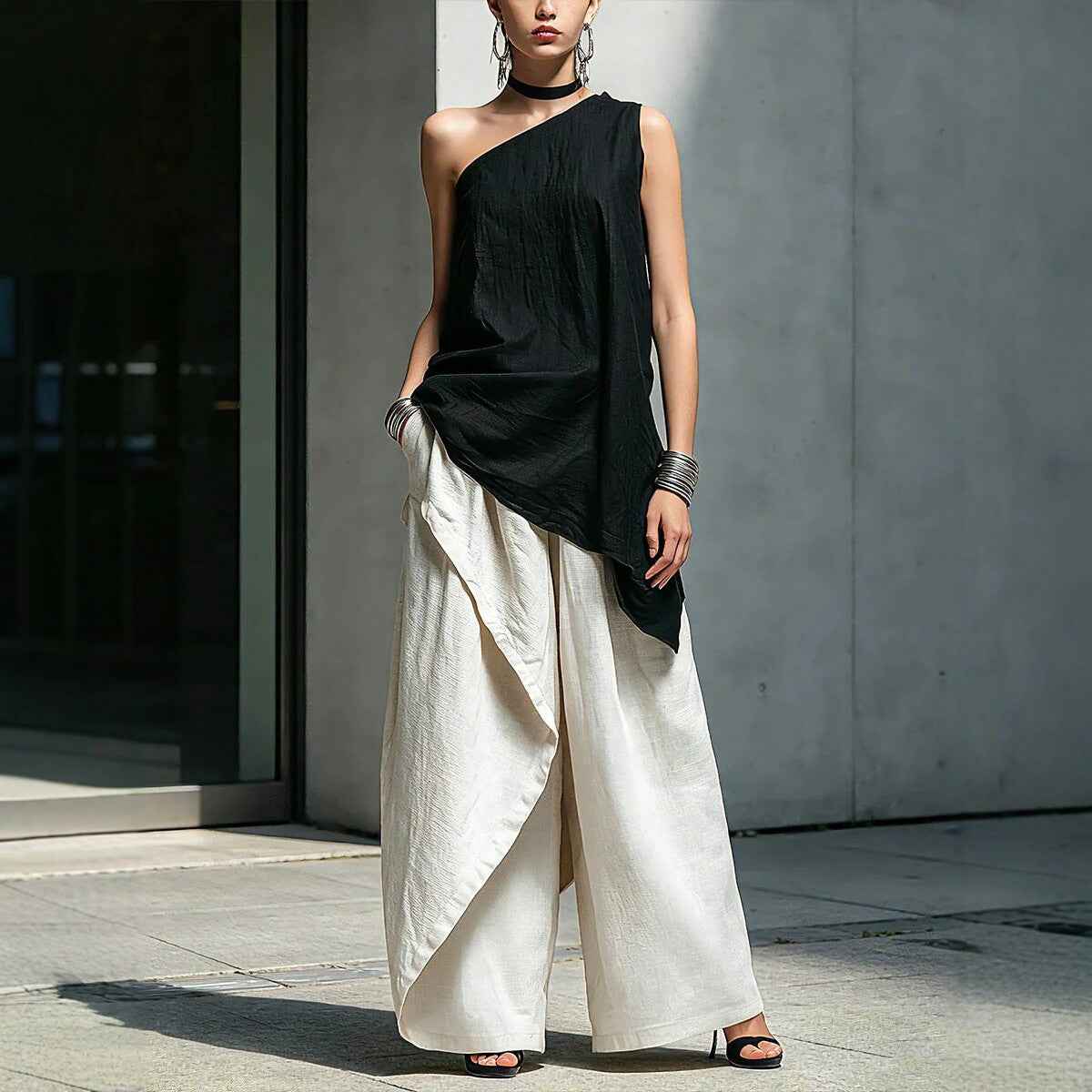 Women's Asymmetric One-Shoulder Pleated Cotton-Linen Top