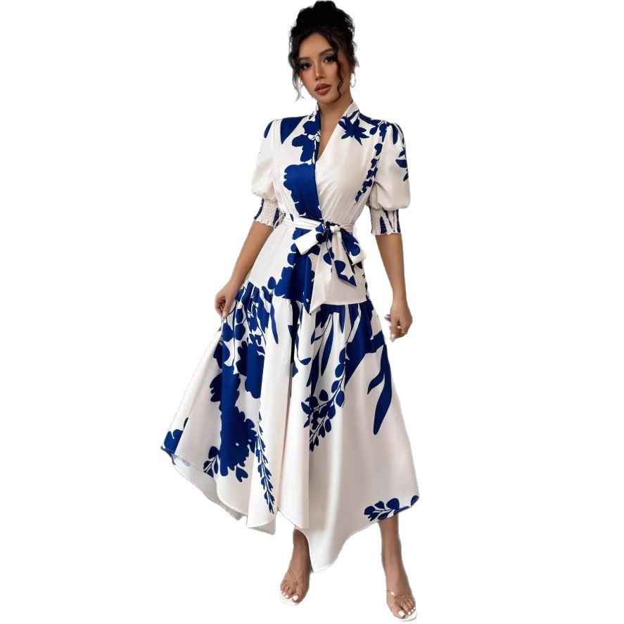 Floral Print V-Neck A-Line Midi Dress — Blue & White, S–XL