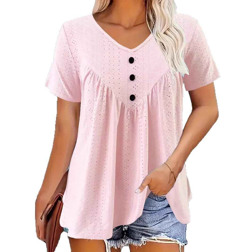 V-Neck Jacquard Button Top