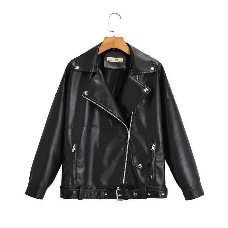 Faux Leather Biker Jacket with Turn-Down Collar