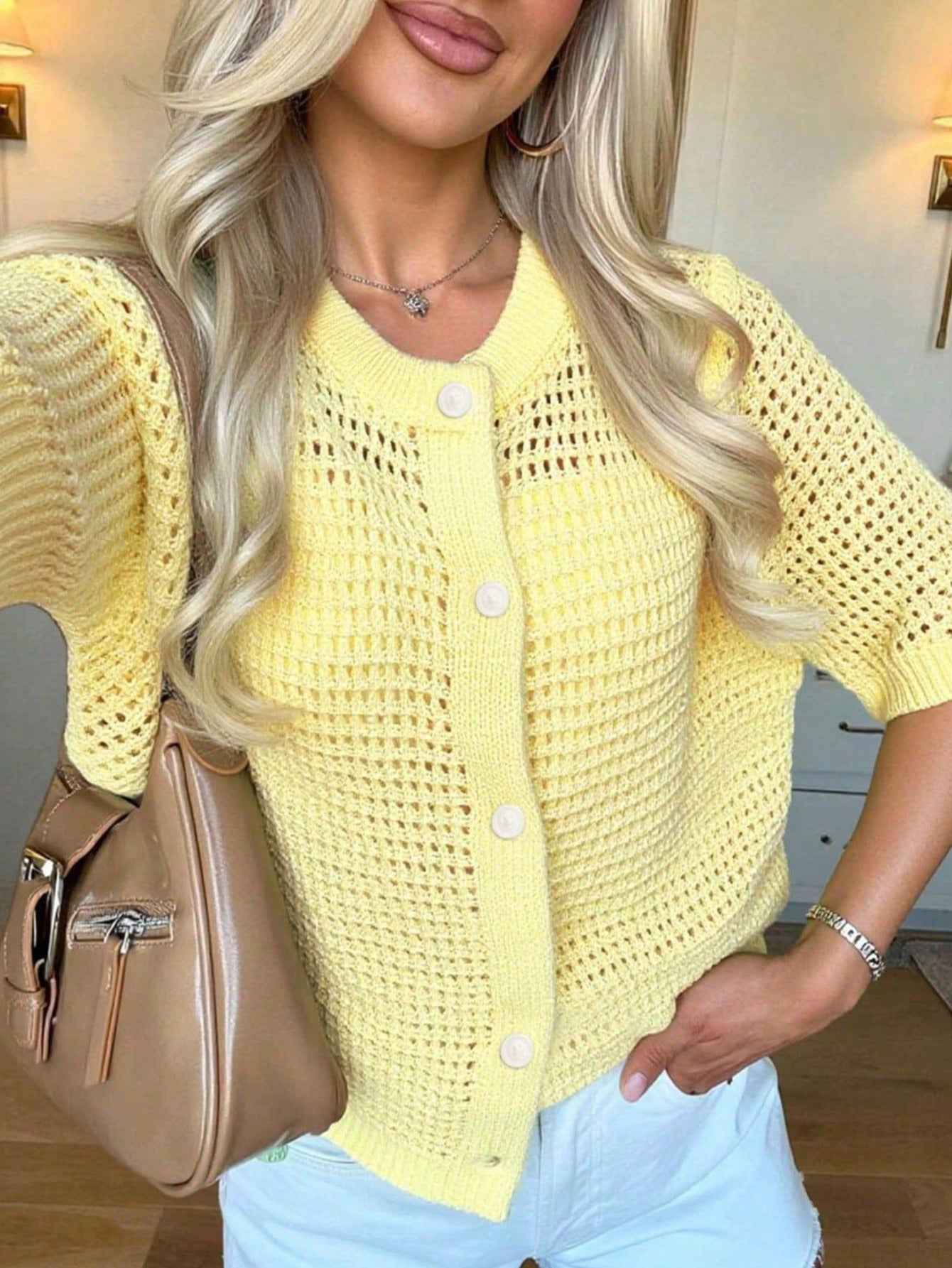Hollow-Out Knit Open-Front Cardigan