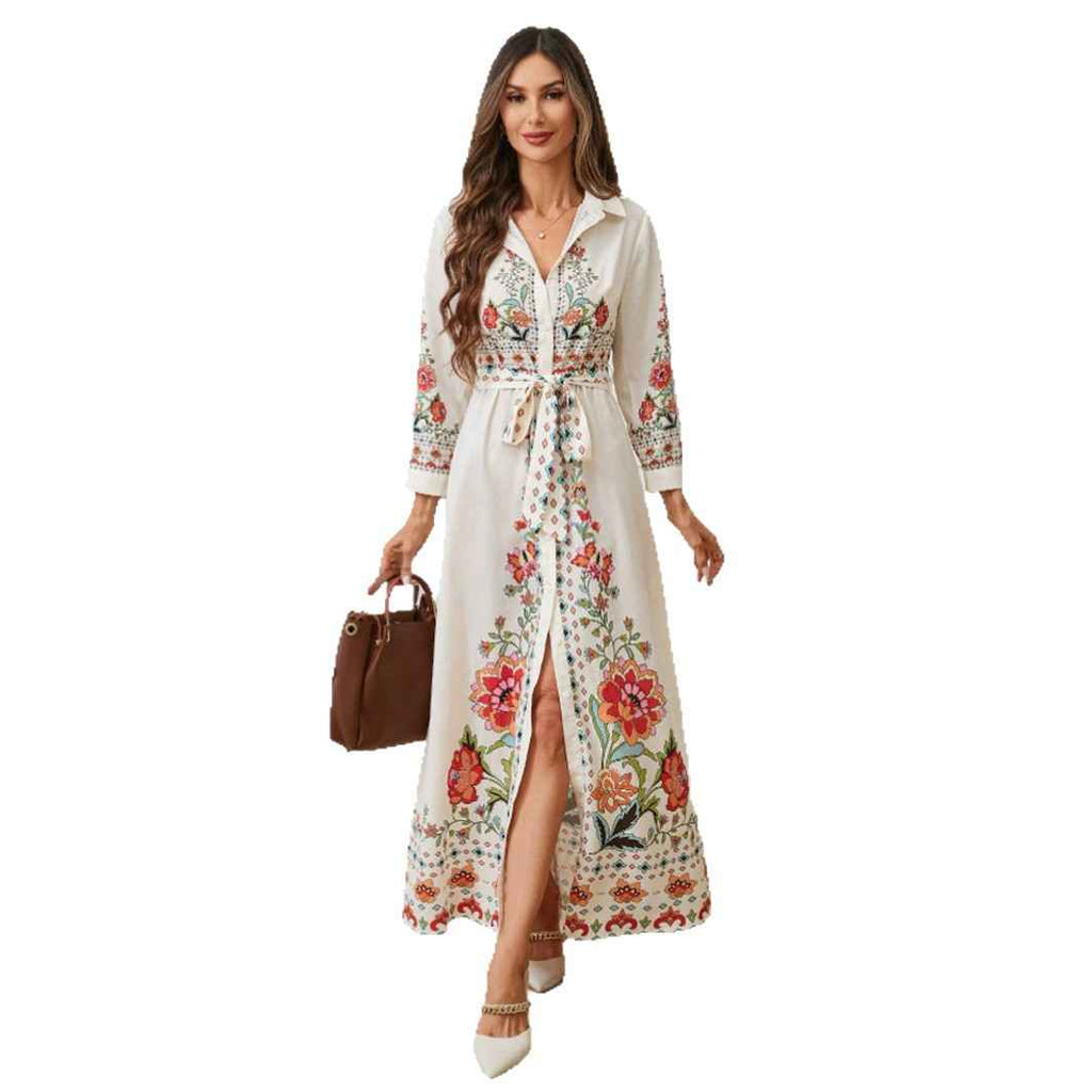 Women's Floral Print Long-Sleeve Shirt Dress — Mid-Length