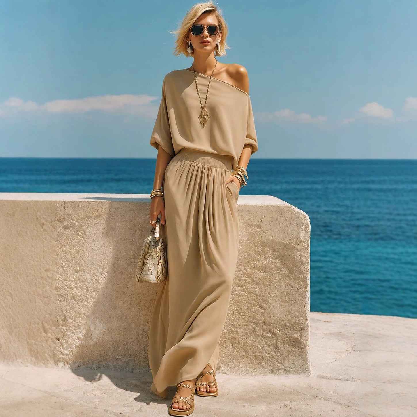 Womens Resort-Style Casual Off-Shoulder Long-Sleeve Top And Elastic-Waist Midi Skirt Set