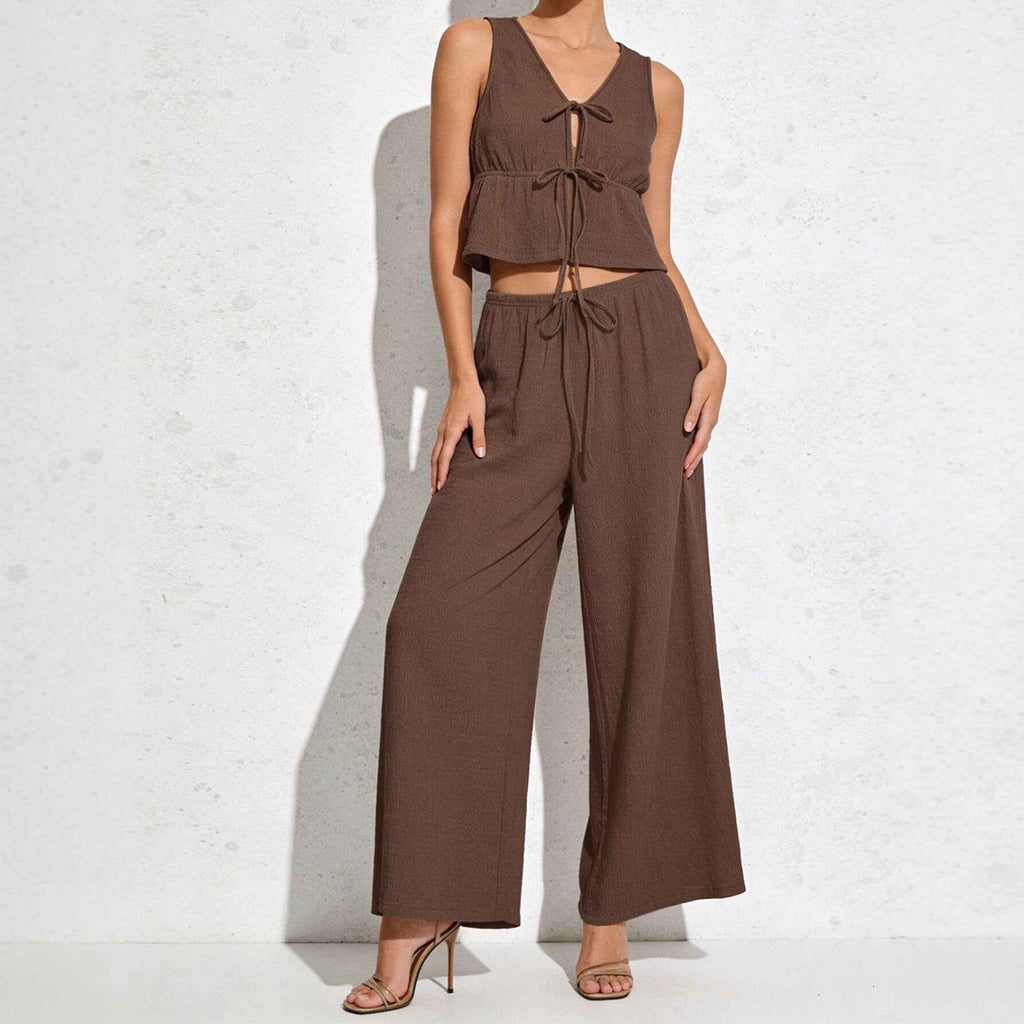 Solid-color Sleeveless Top With Tie Detail And Casual Wide-leg Pants Set