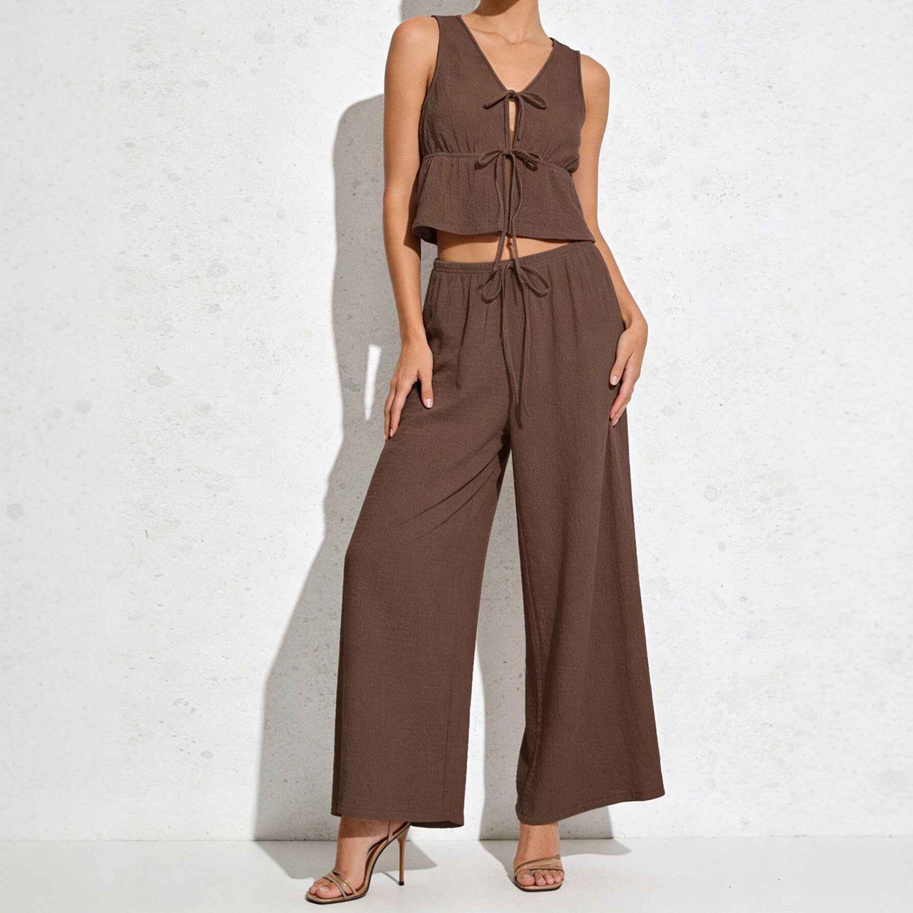 Solid-color Sleeveless Top With Tie Detail And Casual Wide-leg Pants Set