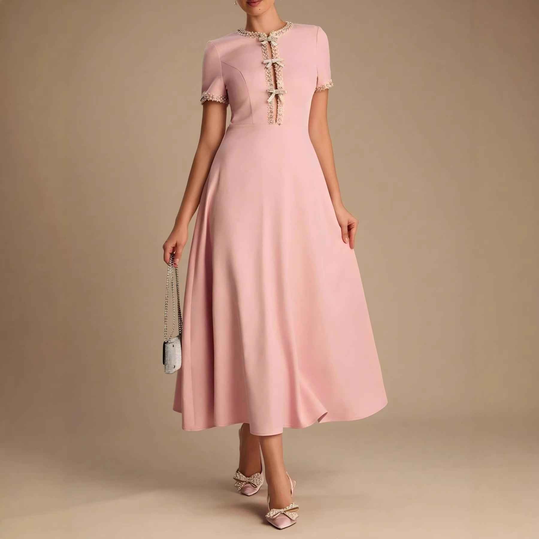 Rhinestone-Embellished A-Line Dress — High Waist, Elegant Office Wear