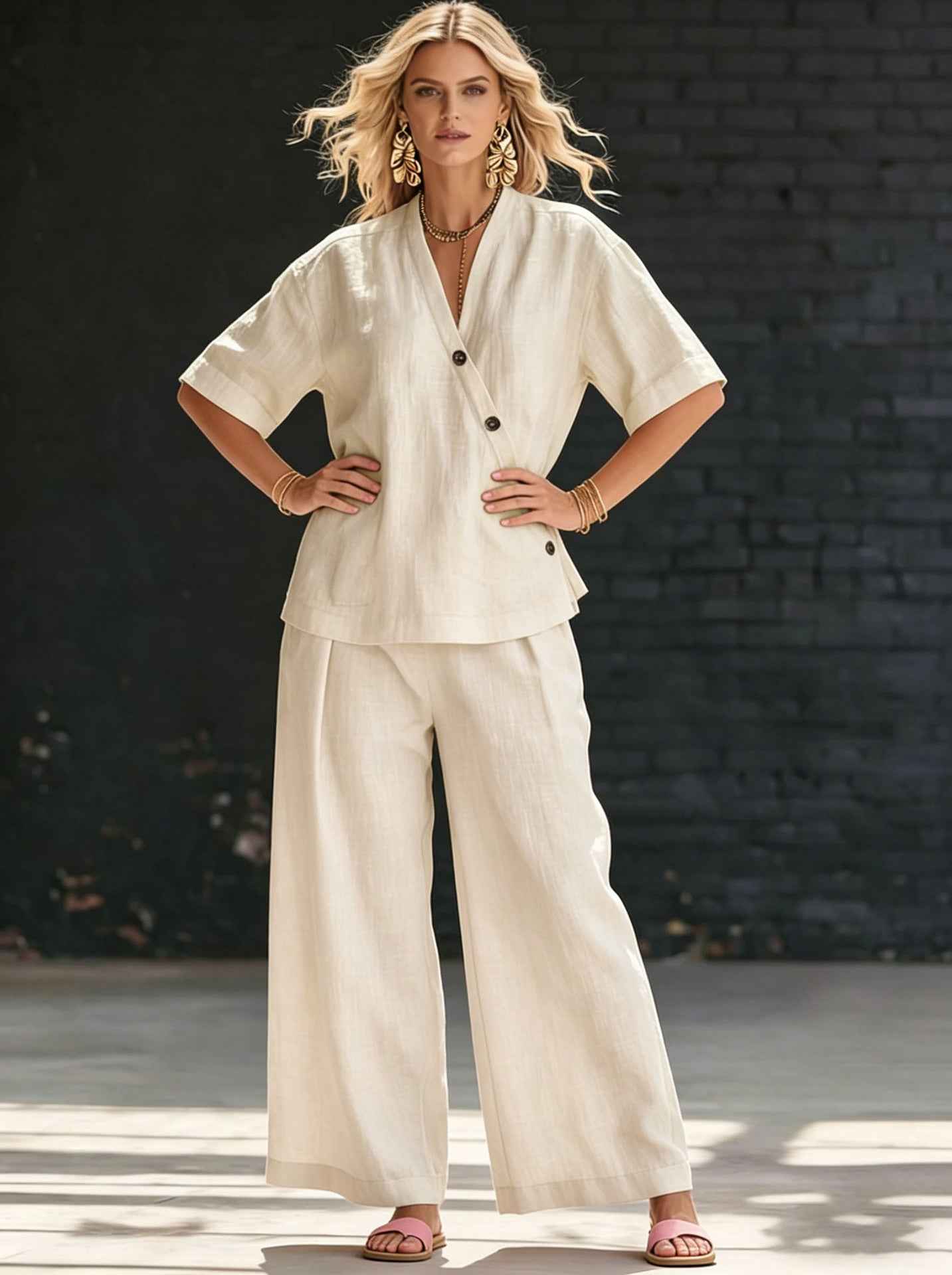 Womens V-neck Short-sleeve T-shirt And High-waisted Trousers Set