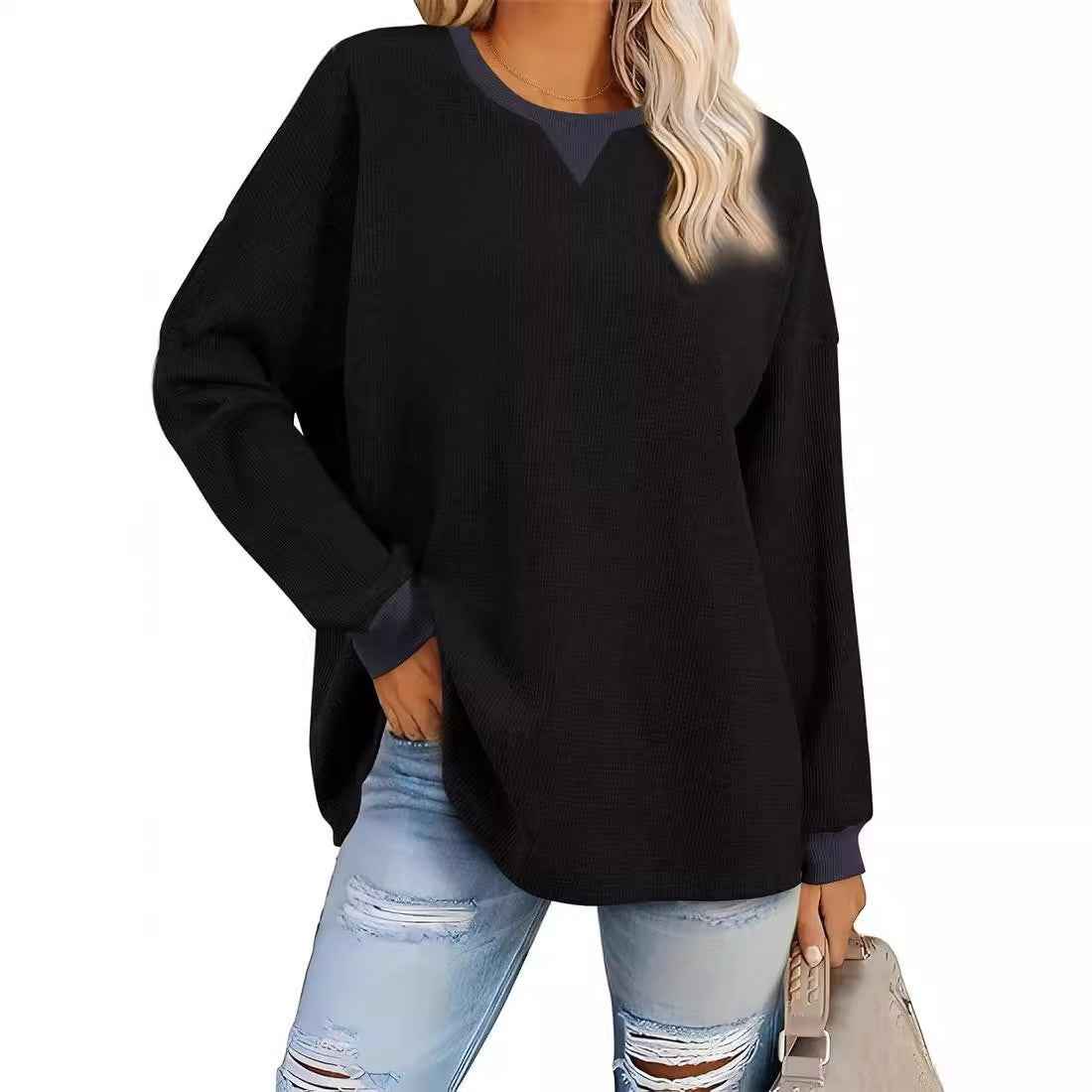 Fashion Round-Neck Color-Block Long-Sleeve Sweatshirt