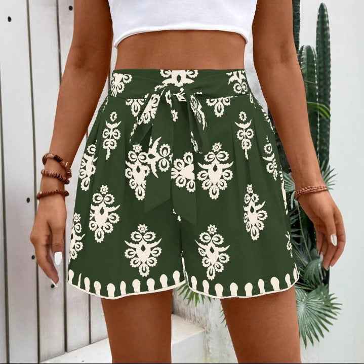 Womens Casual Versatile Printed Slim-fit Wide-leg Shorts