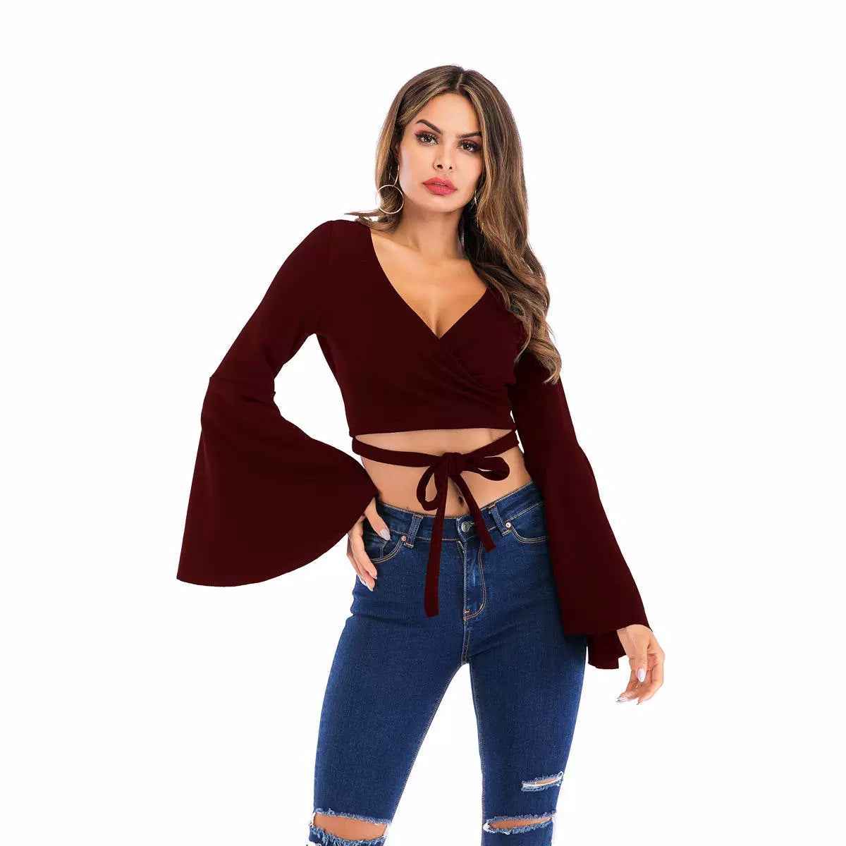 Lace-Up Midriff Top with Bell Cuffs — Slim Fit, 4 Colours, S–XL