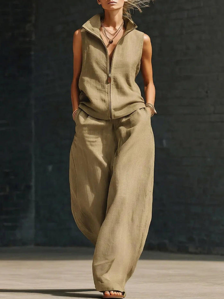Sleeveless Stand-Collar Zip Linen Cardigan & Full-Length Pants Set