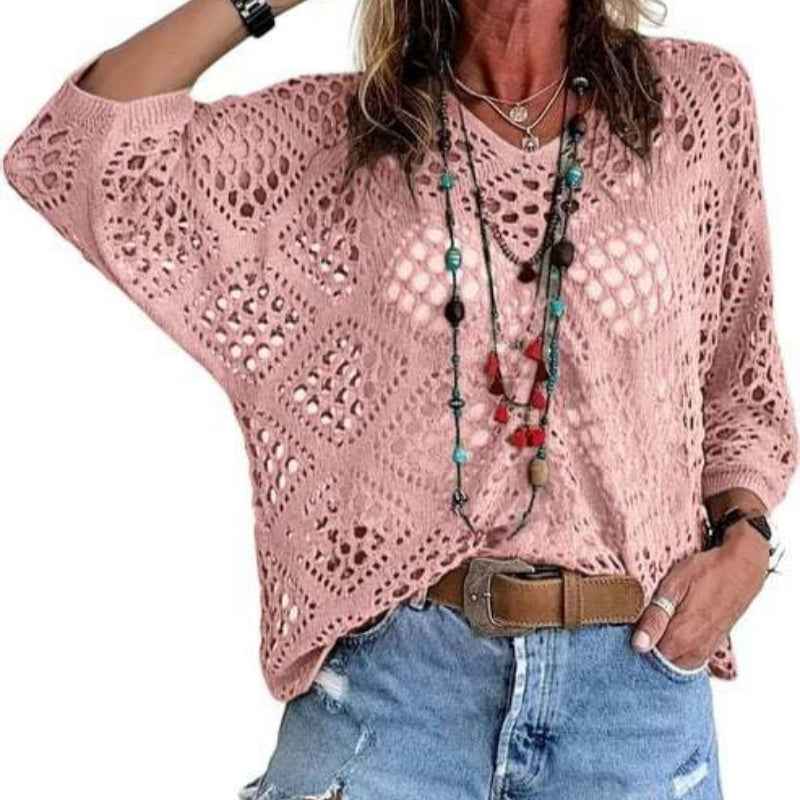 V-Neck Diamond Openwork Batwing Sleeve Sweater — 5 Colours