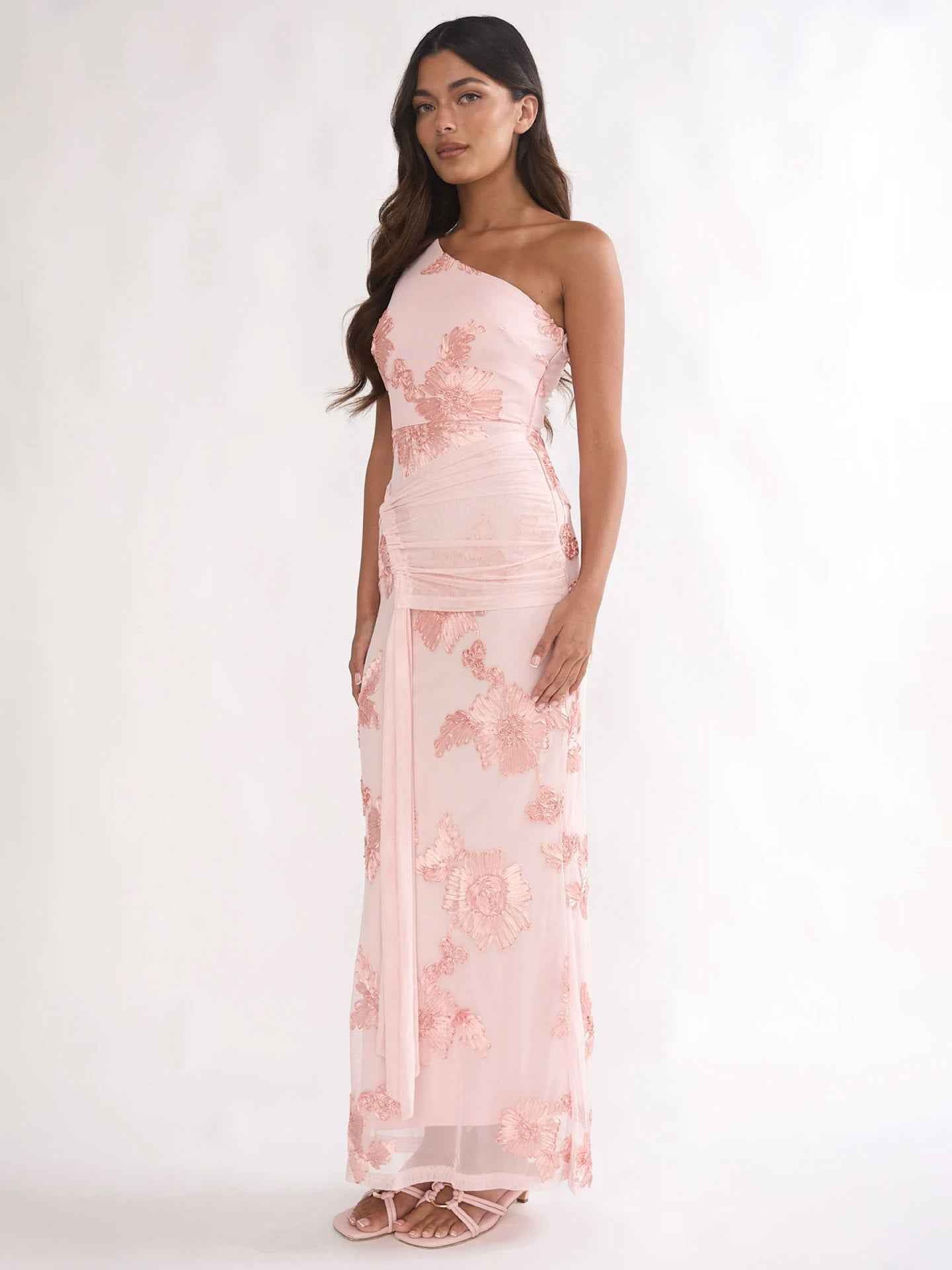 One-shoulder Floral-embroidered Dress With Waist Pleating And A Draped Silhouette
