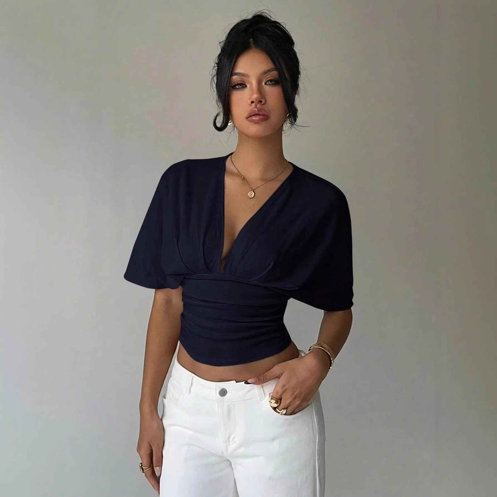 Fashionable Chic And Sassy Solid-color Deep-V-neck T-shirt