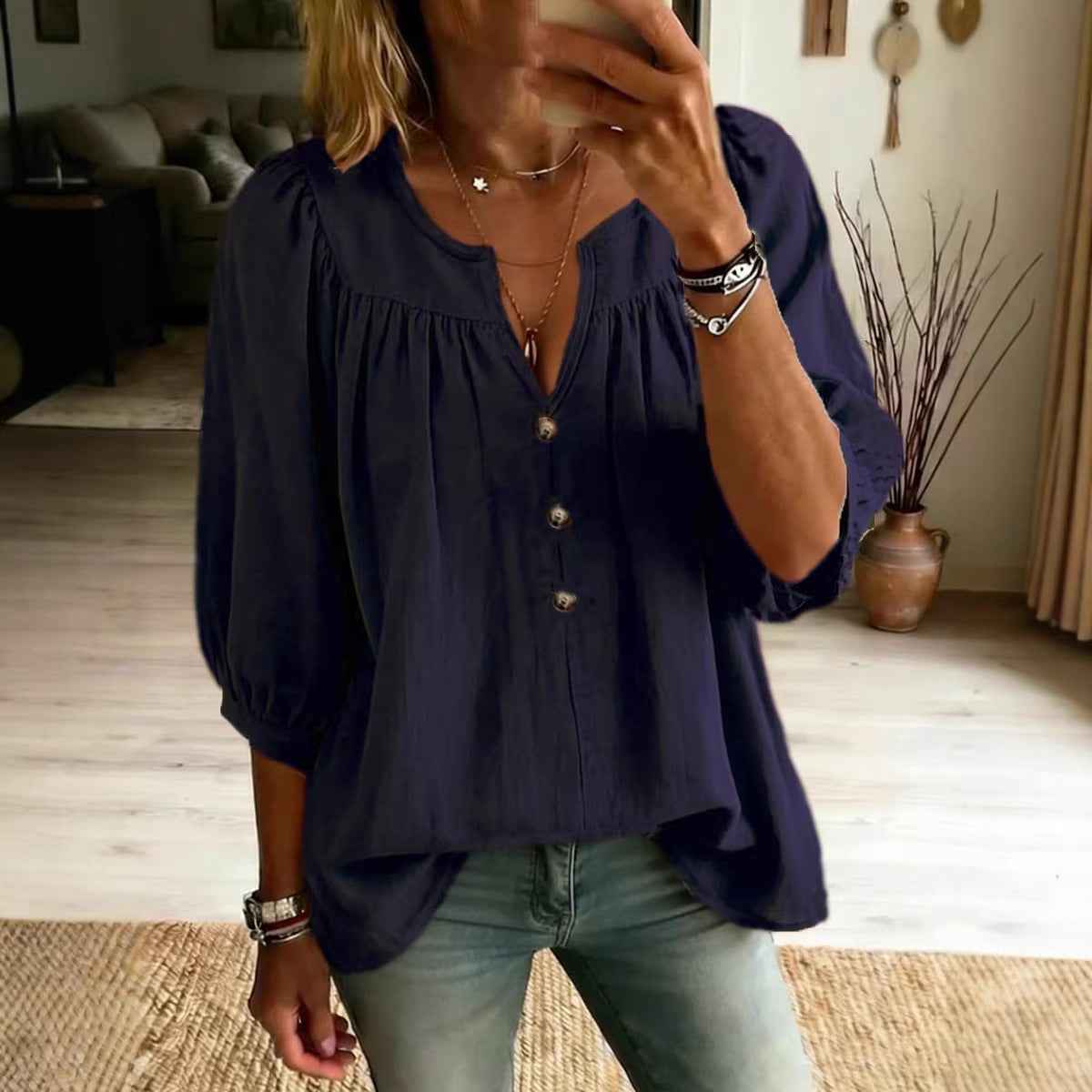 Linen Loose-Fit Buttoned T-Shirt