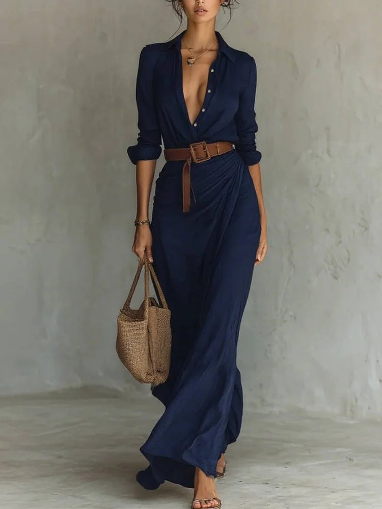 Solid Colour Irregular Ruffle Dress with Belt