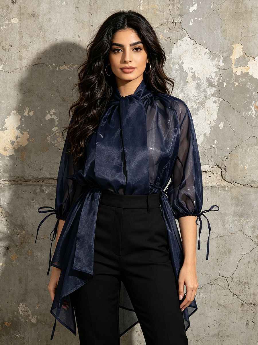 Organza Bow Neck Blouse | Sheer Long Sleeve Top with Inner Cami