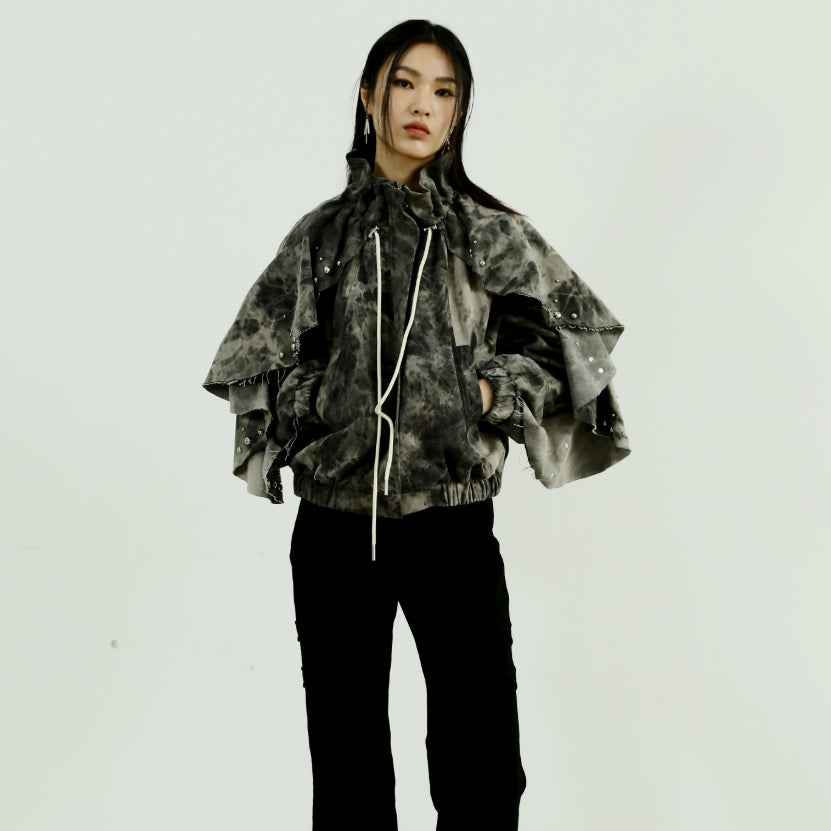 Women's Distressed Ruffled Hem Denim Jacket