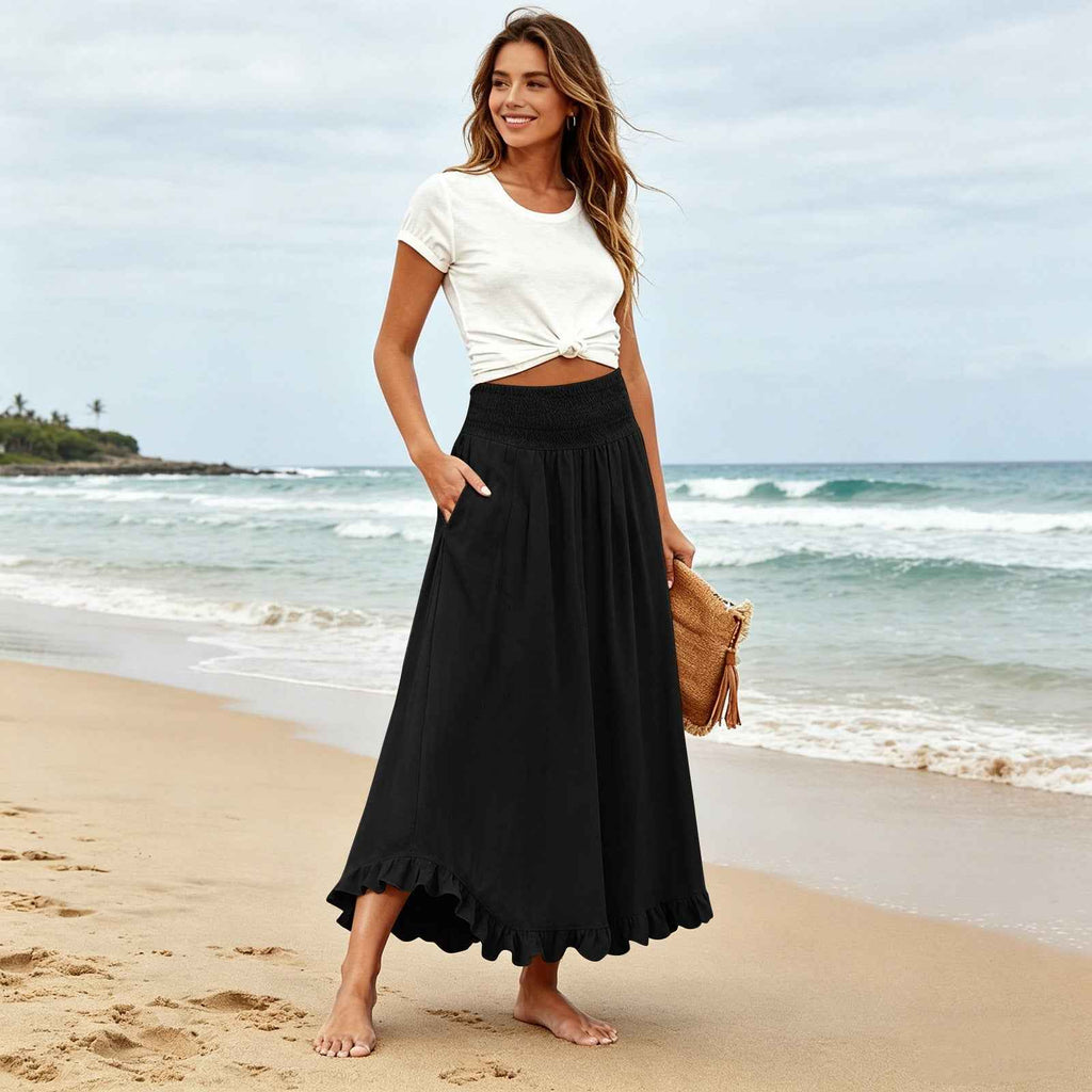 Women's High-Waist Ruffle Hem Midi Skirt – Cotton Linen