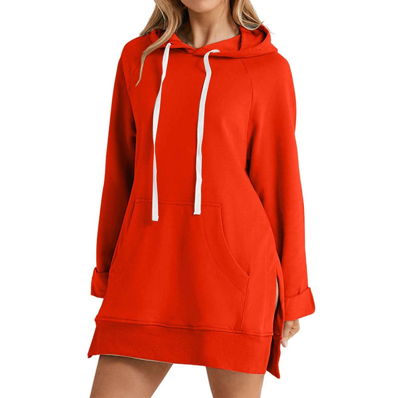 Womens Solid-color Hooded Mid-length Sweatshirt Now Available