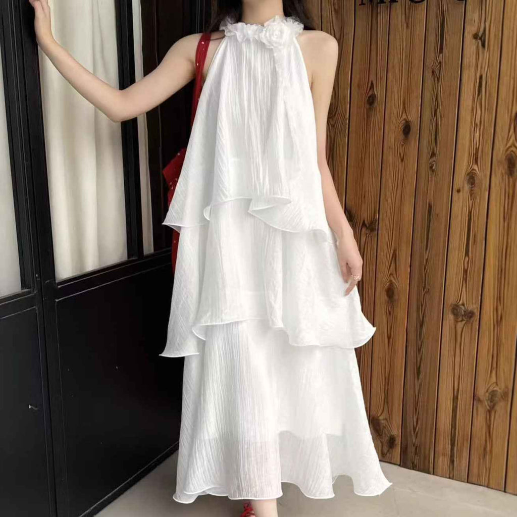 Women's Halter Neck Ruffled Hem Maxi Dress